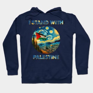 I Stand with Palestine: Van Gogh Style Starry Night on Jerusalem Mosque Hoodie